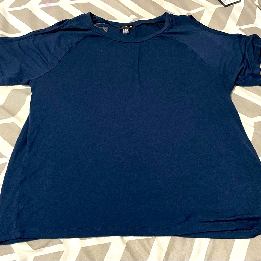 Navy blue shirt with shoulder cut out with strings